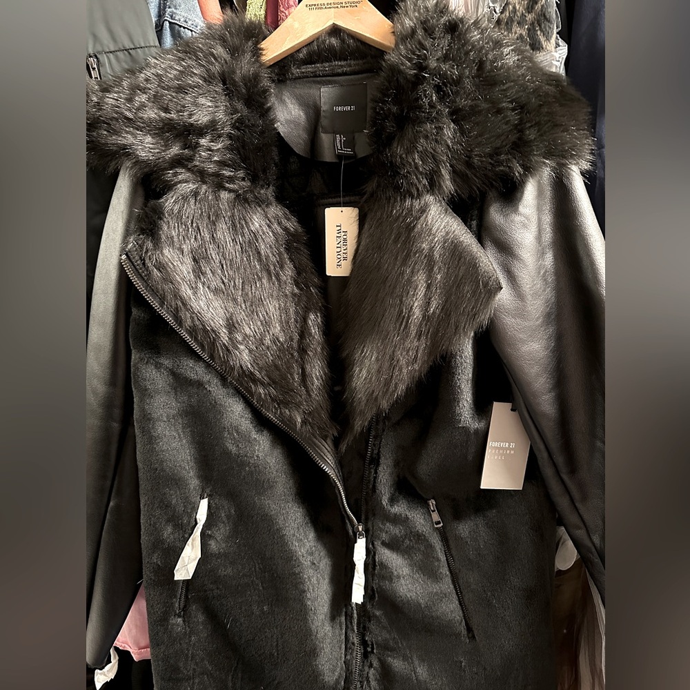 Forever 21 Premium Label Black faux leather, suede and fur oversized coat.